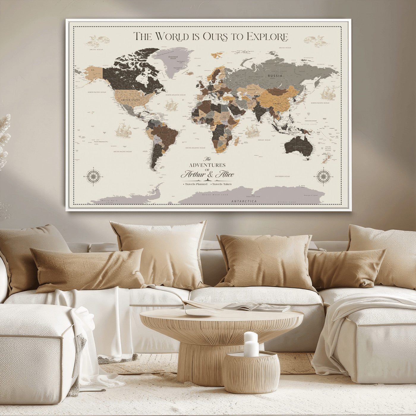 90024882-MGV-CV-36X24-The World is Ours to Explore Wall Art – Earth Tone World Map Canvas Print, Adventure Travel Decor for Living Room, Office or