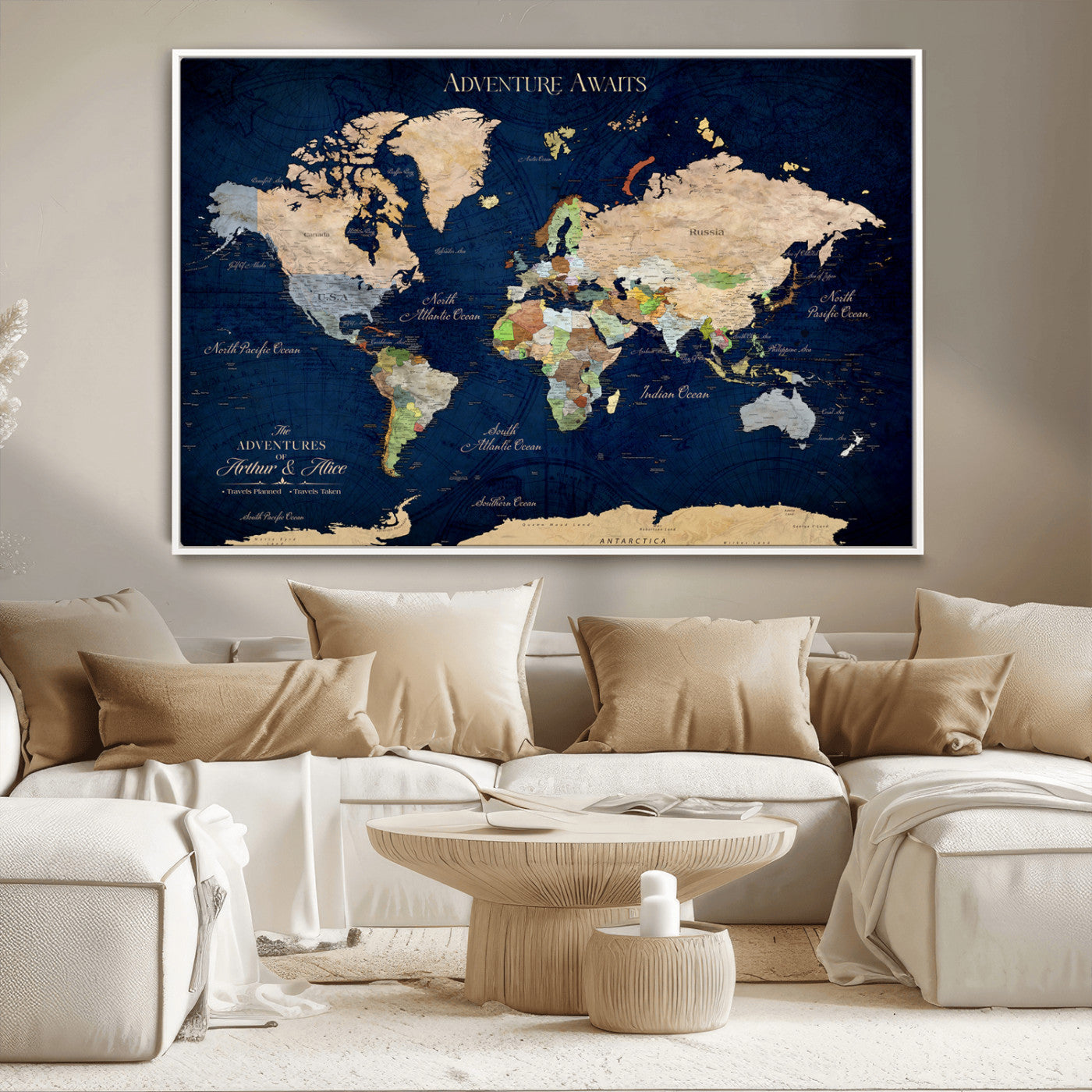 43160428-MGV-CV-36X24-Adventure Awaits Navy Blue World Map – Vibrant Travel Canvas Wall Art, Antique Atlas Print, Wanderlust Decor for Home Office