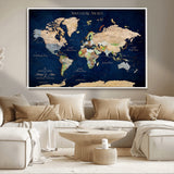 43160428-MGV-CV-36X24-Adventure Awaits Navy Blue World Map – Vibrant Travel Canvas Wall Art, Antique Atlas Print, Wanderlust Decor for Home Office