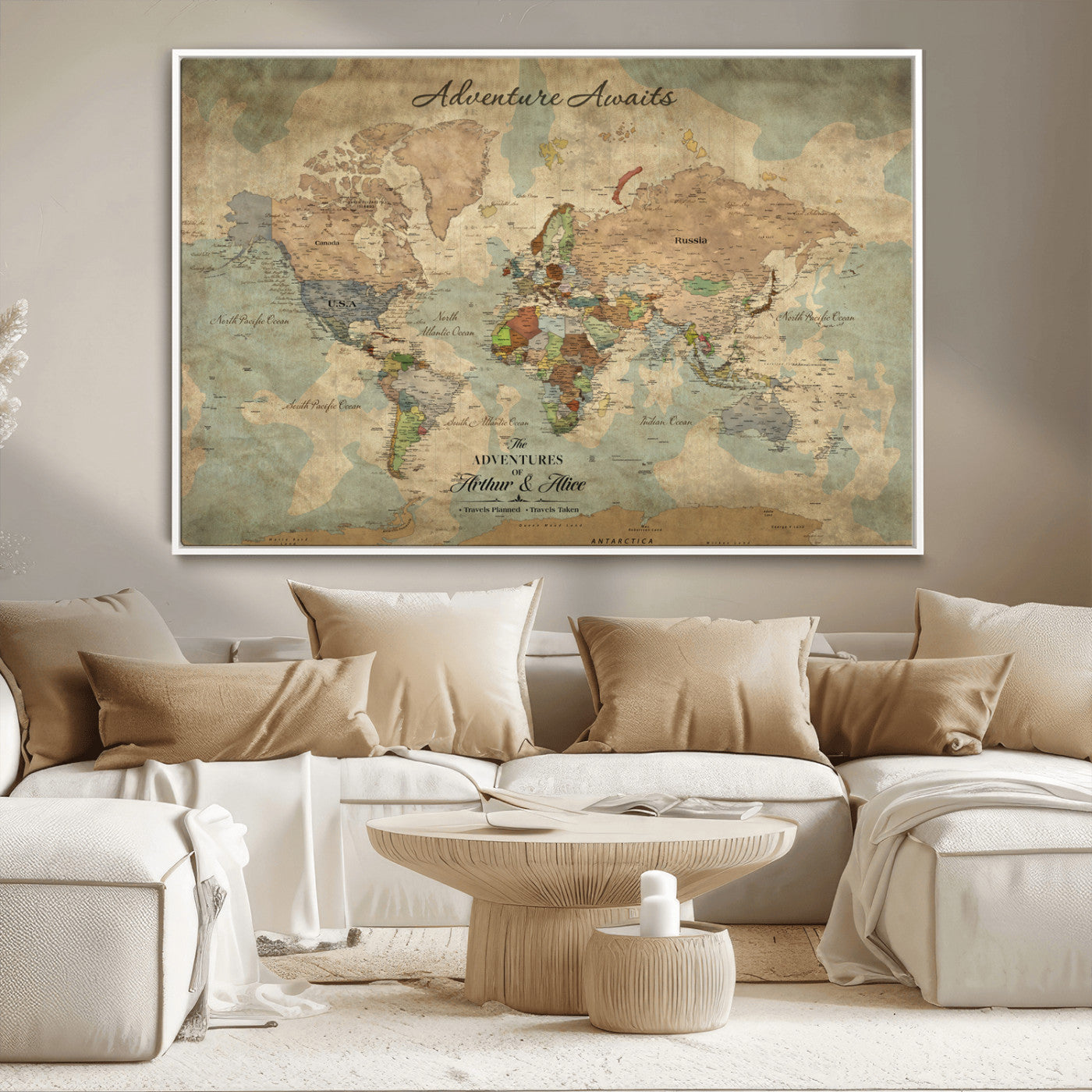 60798273-MGV-CV-36X24-Personalized World Map Wall Art – Rustic Watercolor Adventure Travel Map with Custom Names, Push Pin Canvas for Couples, Family,