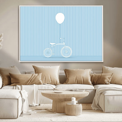56479838-MGV-CV-36X24-Bicycle Wall Art – Minimalist Blue Canvas Print with Balloon Illustration, Modern Decor Artwork for Kids Room, Nursery, or Living