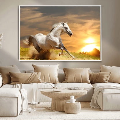 44295212-MGV-CV-36X24-Horse Wall Art – Running White Stallion Canvas Print with Sunset Background, Western Wildlife Decor for Living Room, Office, or