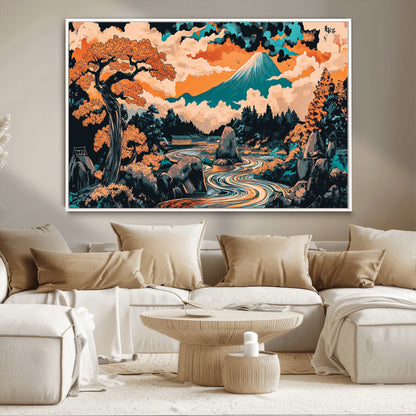 21638941-MGV-CV-36X24-Japanese Landscape Wall Art – Mount Fuji and Flowing River Ukiyo-e Style Canvas Print, Traditional Japan Inspired Artwork for