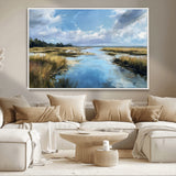 87082041-MGV-CV-36X24-Painted Marshland Canvas Wall Art – Serene Water Reflection, Blue Sky, Golden Grass Landscape, Calm Nature Decor for Home, Office,