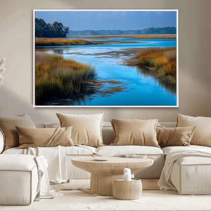 26300004-MGV-CV-36X24-Tranquil Marshland Canvas Wall Art – Blue Water, Reflective Sky, Golden Grasses, Calm Nature Landscape, Scenic Outdoor Beauty for