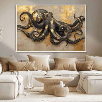 57944271-MGV-CV-36X24-Octopus Wall Art – Black and Gold Nautical Canvas Print, Modern Ocean Inspired Artwork with Elegant Detailing, Coastal Marine
