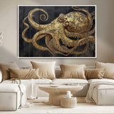 47056538-MGV-CV-36X24-Octopus Wall Art – Gold Nautical Canvas Print with Rustic Wood Texture, Marine Creature Artwork for Coastal Ocean Decoration in
