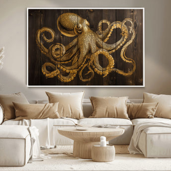 56769669-MGV-CV-36X24-Octopus Wall Art – Gold Nautical Canvas Print with Rustic Wood Panel Design, Detailed Marine Artwork for Coastal Ocean Decoration