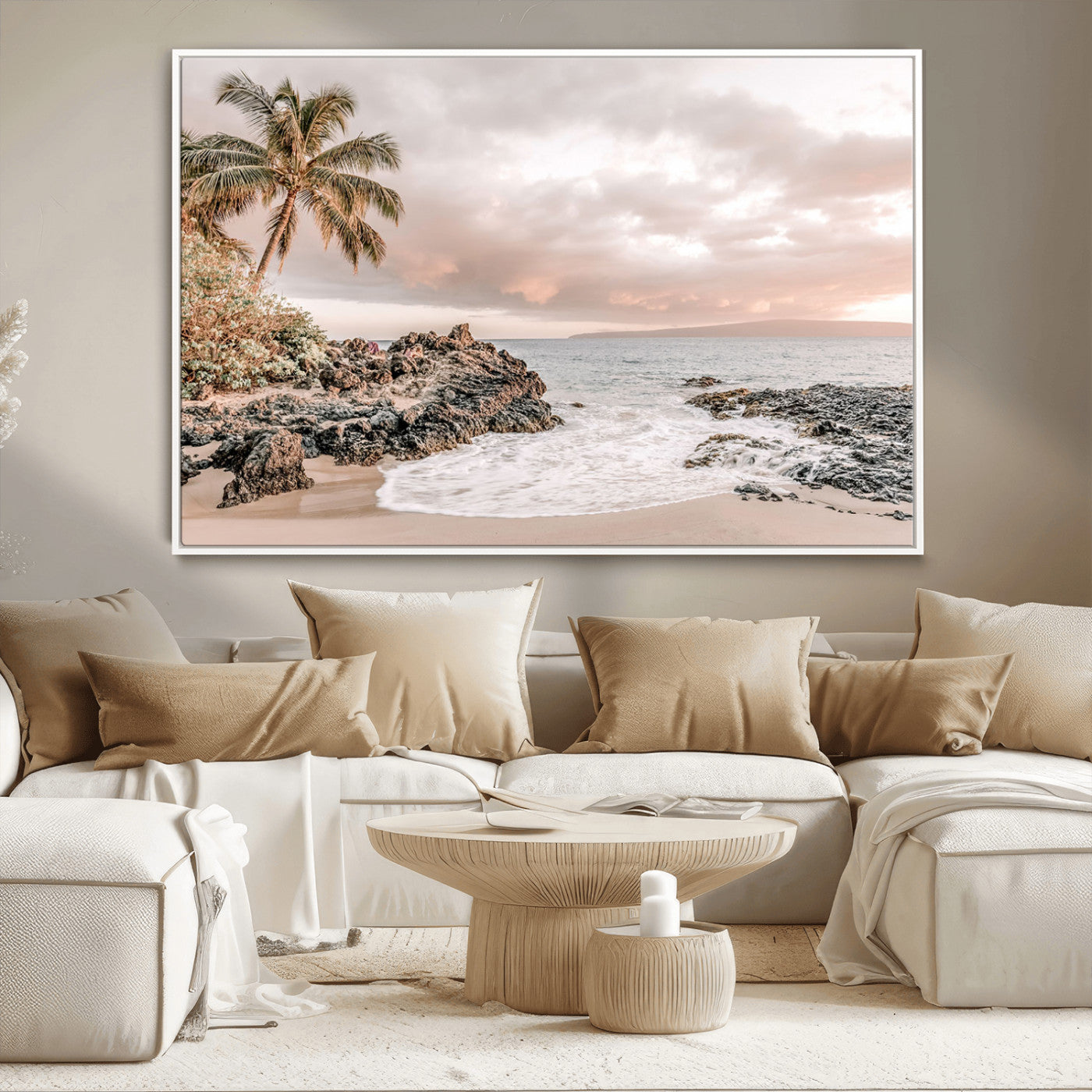 18005328-MGV-CV-36X24-Tropical Beach Canvas Wall Art – Palm Tree, Rocky Shoreline, Ocean Waves, Sunset Clouds, Calm Sea, Island Nature Relaxation for