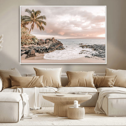 18005328-MGV-CV-36X24-Tropical Beach Canvas Wall Art – Palm Tree, Rocky Shoreline, Ocean Waves, Sunset Clouds, Calm Sea, Island Nature Relaxation for