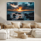 66040852-MGV-CV-36X24-Ocean Sunset Canvas Wall Art – Rocky Shore Waves, Dramatic Clouds, Golden Sun Rays, Coastal Nature, Serene Water Reflection for