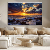 35900590-MGV-CV-36X24-Sunset Ocean Waves Canvas Wall Art – Rocky Shore, Dramatic Sky, Golden Sun Rays, Coastal Beauty, Serene Water Motion for Living