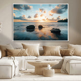 23879436-MGV-CV-36X24-Ocean Sunset Wall Art – Serene Seascape Canvas Print with Golden Sky, Reflections on Sand and Calm Waves, Peaceful Coastal