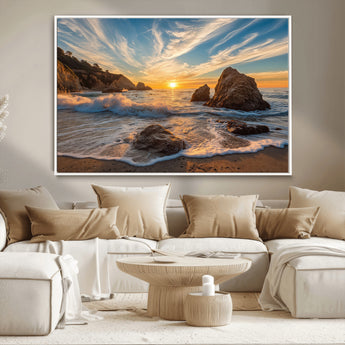 85659923-MGV-CV-36X24-Rocky Ocean Sunset Canvas Wall Art – Seaside Dramatic Seascape Print, Coastal Modern Decor, Ocean Sunset Art for Living Room or