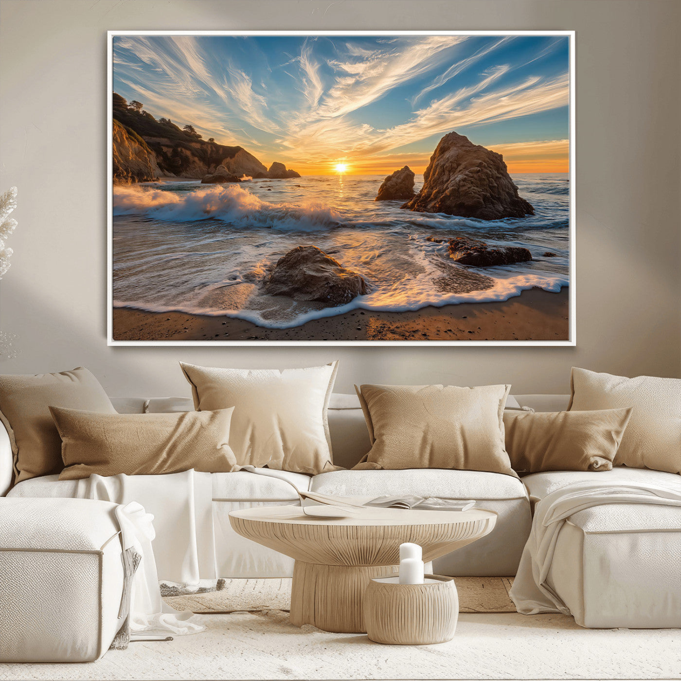 85659923-MGV-CV-36X24-Ocean Sunset Wall Art – Dramatic Seascape Canvas Print with Cliffs, Crashing Waves and Golden Sky, Bold Coastal Photography for