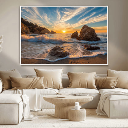 85659923-MGV-CV-36X24-Ocean Sunset Wall Art – Dramatic Seascape Canvas Print with Cliffs, Crashing Waves and Golden Sky, Bold Coastal Photography for