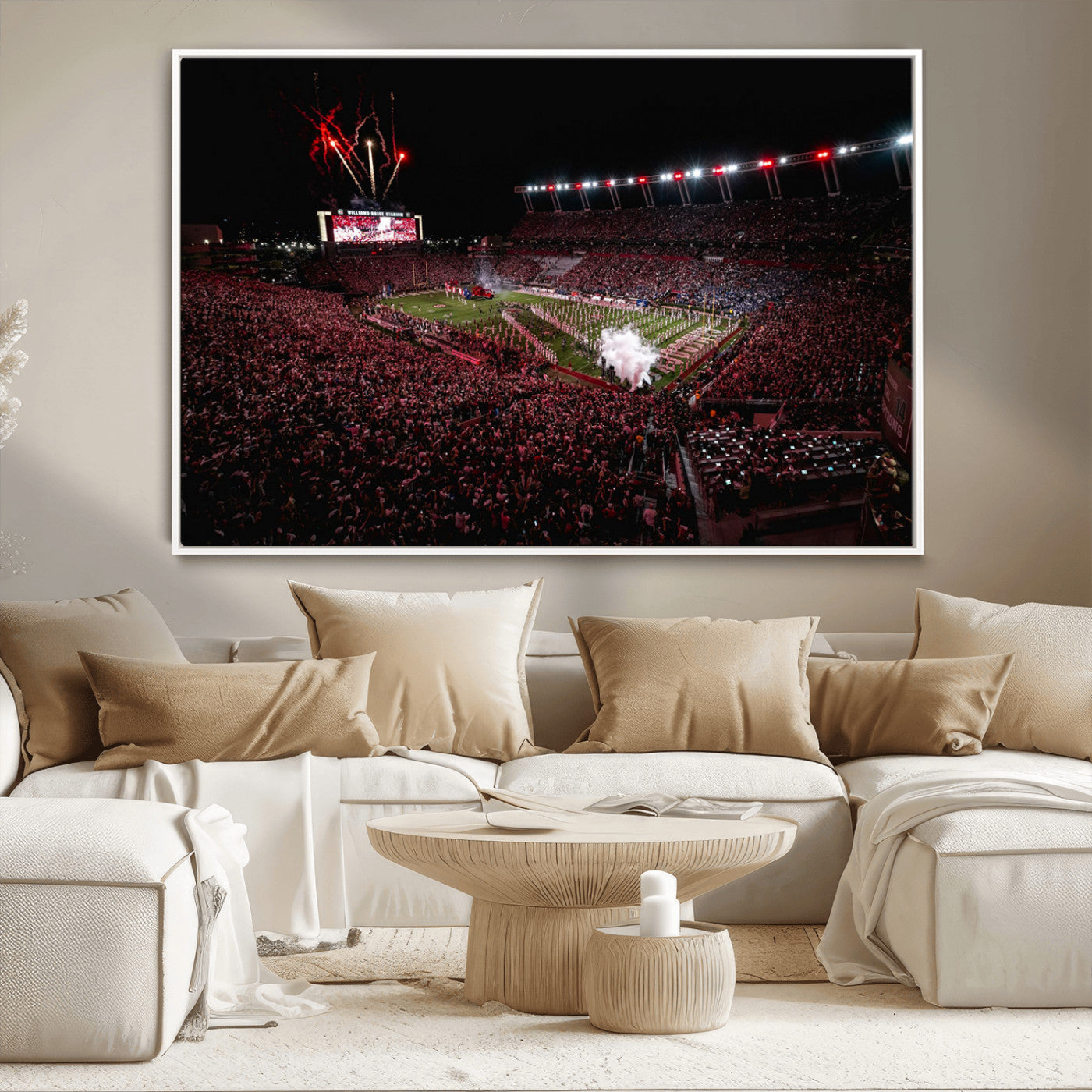 60690191-MGV-CV-36X24-Stadium Wall Art – Night Game Football Canvas Print with Fireworks, Marching Band and Crowd, Panoramic Sports Photography for Man