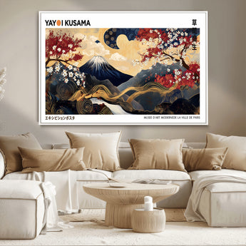 28945903-MGV-CV-36X24-Yayoi Kusama Inspired Japanese Art Canvas Print – Framed Floral & Mt. Fuji Wall Decor, Modern Asian Style Canvas for Home, Office,