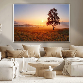 57919623-MGV-CV-36X24-Sunrise Landscape Wall Art – Golden Morning Canvas Print with Tree, Misty Hills and Open Field, Peaceful Nature Photography for