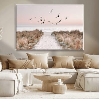 34632598-MGV-CV-36X24-Coastal Pathway Canvas Wall Art – Framed Seaside Landscape, Large Beach and Birds Canvas Print for Home, Office, or Living Room