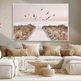 34632598-MGV-CV-36X24-Beach Pathway Wall Art – Coastal Canvas Print with Sandy Trail, Flying Birds and Pastel Sky, Serene Ocean Landscape Photography