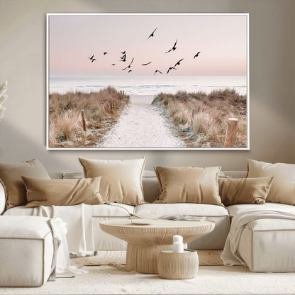 34632598-MGV-CV-36X24-Beach Pathway Wall Art – Coastal Canvas Print with Sandy Trail, Flying Birds and Pastel Sky, Serene Ocean Landscape Photography