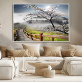 34632598CRY-MGV-CV-36X24-Cherry Blossom Wall Art – Scenic Asian Landscape Canvas Print with Wooden Walkway, Misty Mountains and Sunrise, Serene Nature
