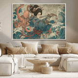 52037775-MGV-CV-36X24-Samurai Woman Wall Art – Japanese Ukiyo e Style Canvas Print with Katana, Ocean Waves and Octopus, Traditional Asian Inspired