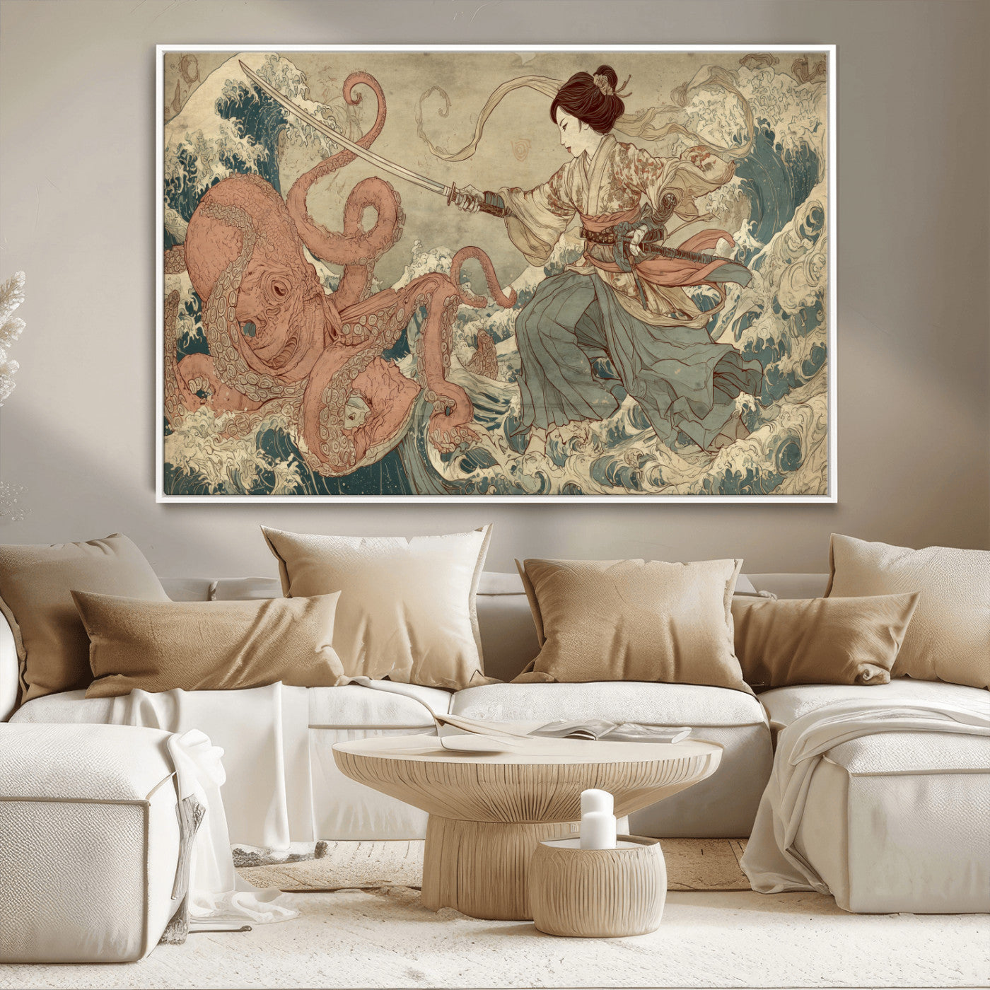54879547-MGV-CV-36X24-Tsukioka Yoshitoshi Samurai Wall Art Print, Japanese Katana Warrior Canvas Wall Art, Octopus Sea Monster Canvas Print,