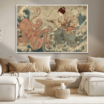 54879547-MGV-CV-36X24-Tsukioka Yoshitoshi Samurai Wall Art Print, Japanese Katana Warrior Canvas Wall Art, Octopus Sea Monster Canvas Print,