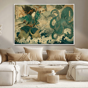 24416422-MGV-CV-36X24-Tsukioka Yoshitoshi Samurai Wall Art Print, Japanese Katana Warrior Canvas Wall Art, Octopus Sea Monster Canvas Print,