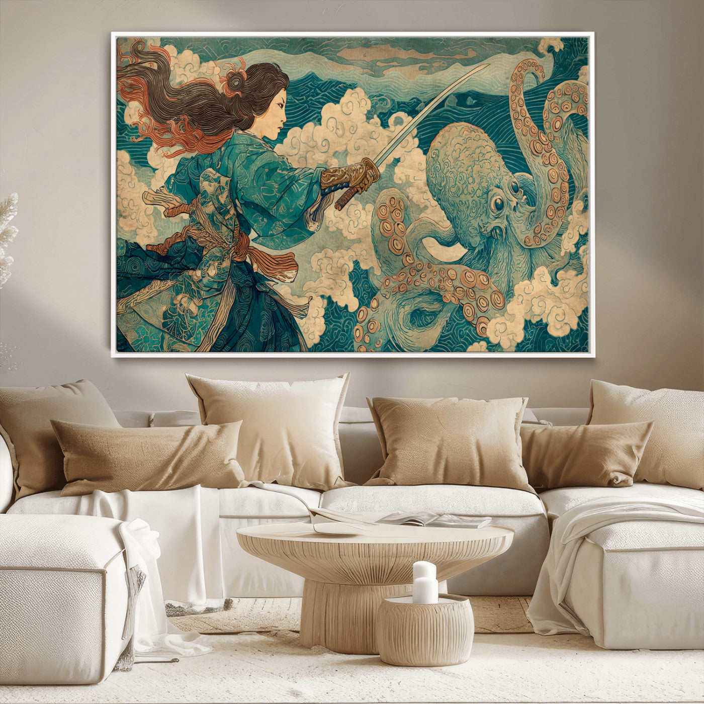 37943964-MGV-CV-36X24-Tsukioka Yoshitoshi Samurai Wall Art Print, Japanese Katana Warrior Canvas Wall Art, Octopus Sea Monster Canvas Print,