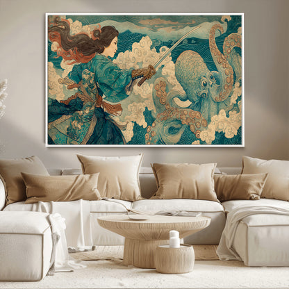 37943964-MGV-CV-36X24-Samurai Warrior vs Octopus Wall Art – Japanese Ukiyo-e Style Canvas Print, Ocean Battle Scene Artwork for Living Room, Office, Man
