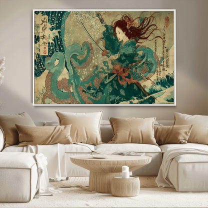 86918027-MGV-CV-36X24-Samurai Warrior vs Octopus Wall Art – Japanese Ukiyo-e Ocean Battle Canvas Print, Traditional Samurai Artwork for Living Room,