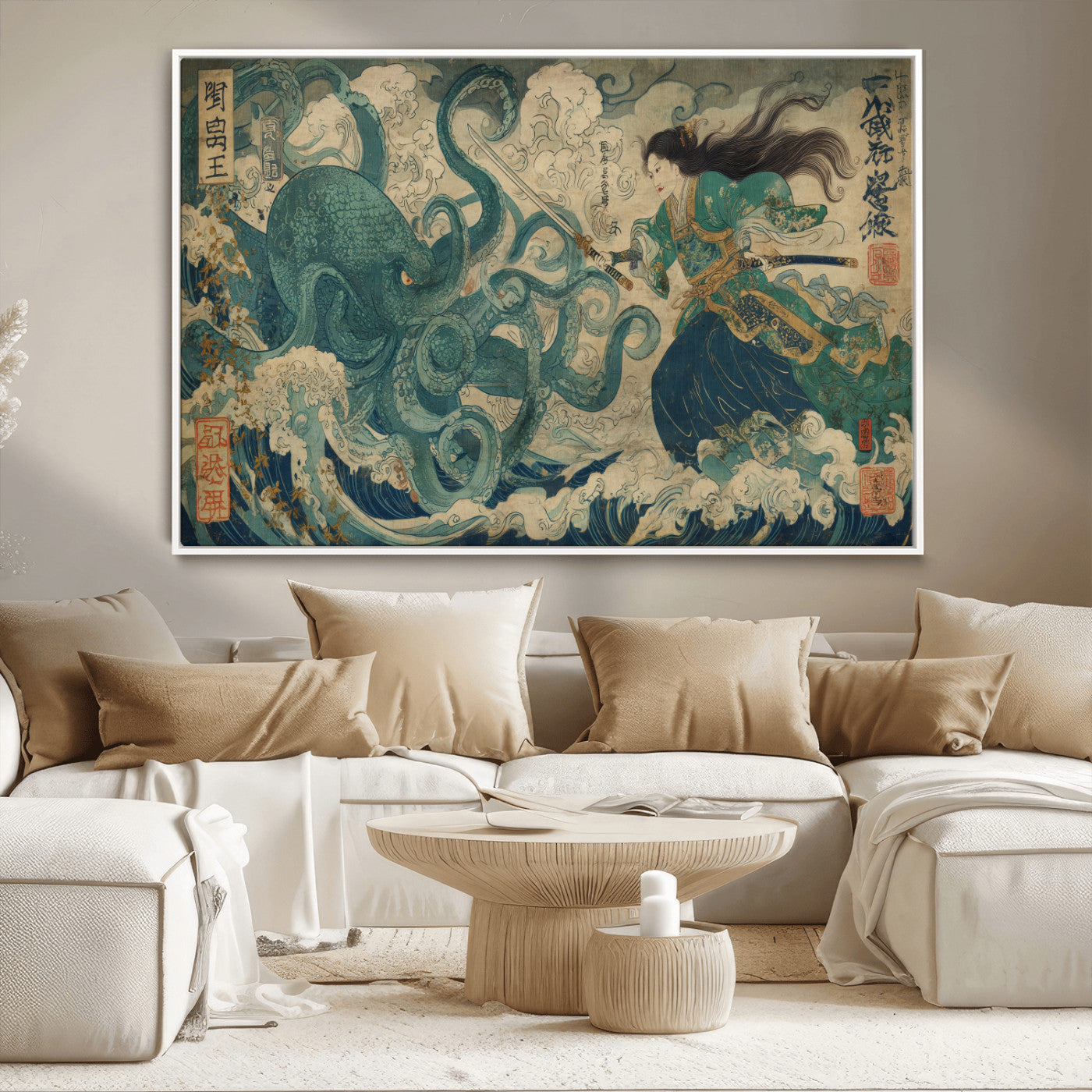 60346622-MGV-CV-36X24-Samurai Warrior vs Octopus Wall Art – Japanese Ukiyo-e Style Ocean Battle Canvas Print, Traditional Samurai Artwork for Living