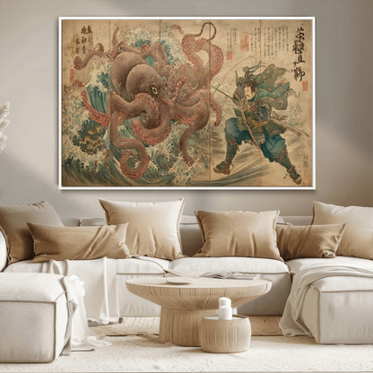 63782167-MGV-CV-36X24-Tsukioka Yoshitoshi Samurai Wall Art Print, Japanese Katana Warrior Canvas Wall Art, Octopus Sea Monster Canvas Print,