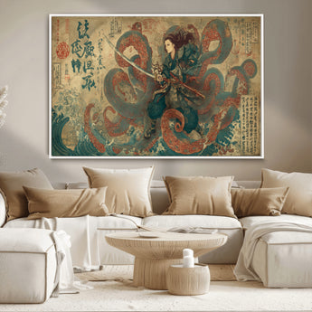 98593115-MGV-CV-36X24-Tsukioka Yoshitoshi Samurai Wall Art Print, Japanese Katana Warrior Canvas Wall Art, Octopus Sea Monster Canvas Print,