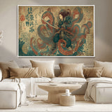 98593115-MGV-CV-36X24-Samurai Warrior vs Octopus Wall Art – Japanese Ukiyo-e Calligraphy Canvas Print, Ocean Battle Scene Artwork for Living Room,
