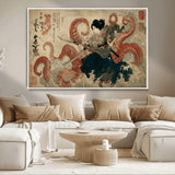 50812504-MGV-CV-36X24-Samurai Woman vs Octopus Wall Art – Japanese Ukiyo-e Red Tentacle Canvas Print, Ocean Battle Artwork for Living Room, Office, Man