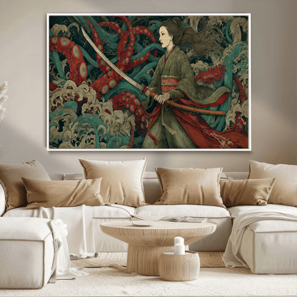 18902796-MGV-CV-36X24-Samurai Woman vs Octopus Wall Art – Japanese Ukiyo-e Green Kimono Canvas Print, Ocean Battle Scene Artwork for Living Room,