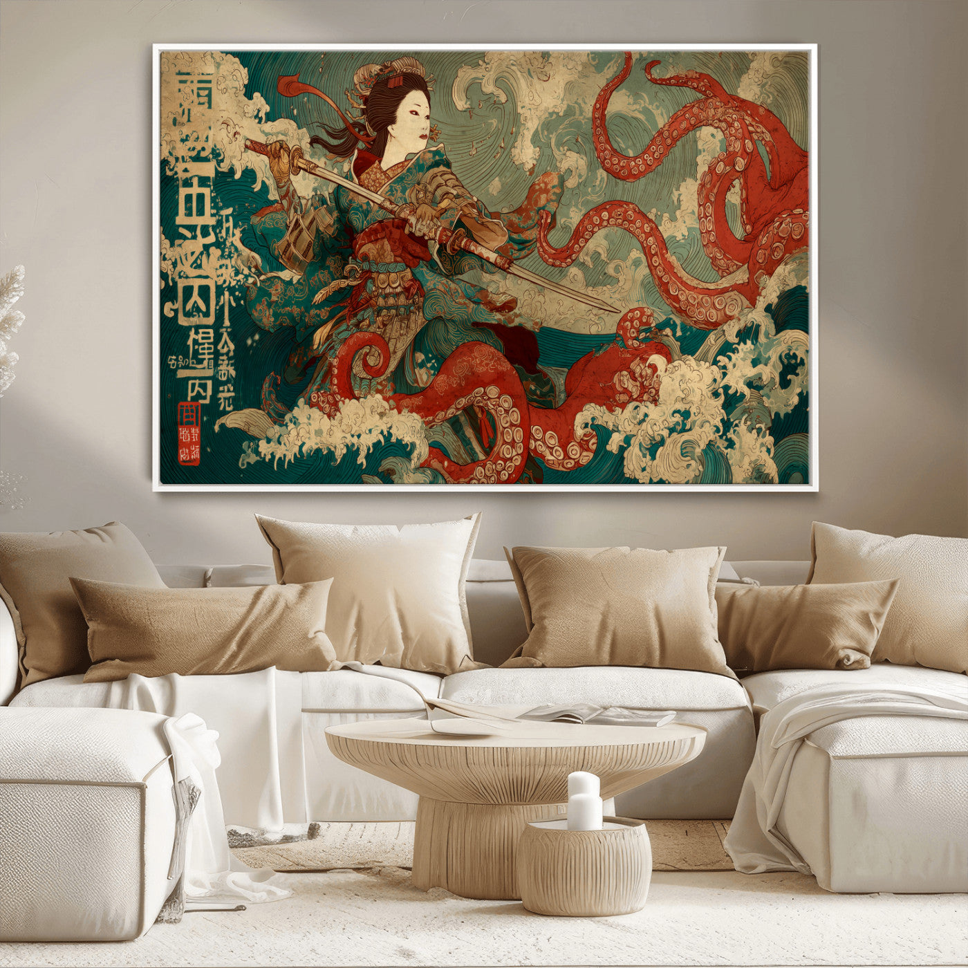 60201267-MGV-CV-36X24-Samurai Woman vs Octopus Wall Art – Japanese Ukiyo-e Armor Canvas Print, Red Tentacle Ocean Battle Artwork for Living Room,