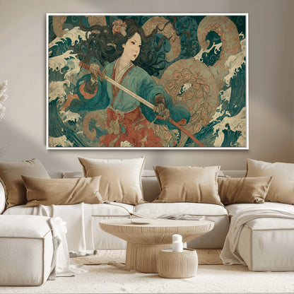 79740258-MGV-CV-36X24-Tsukioka Yoshitoshi Samurai Wall Art Print, Japanese Katana Warrior Canvas Wall Art, Octopus Sea Monster Canvas Print,