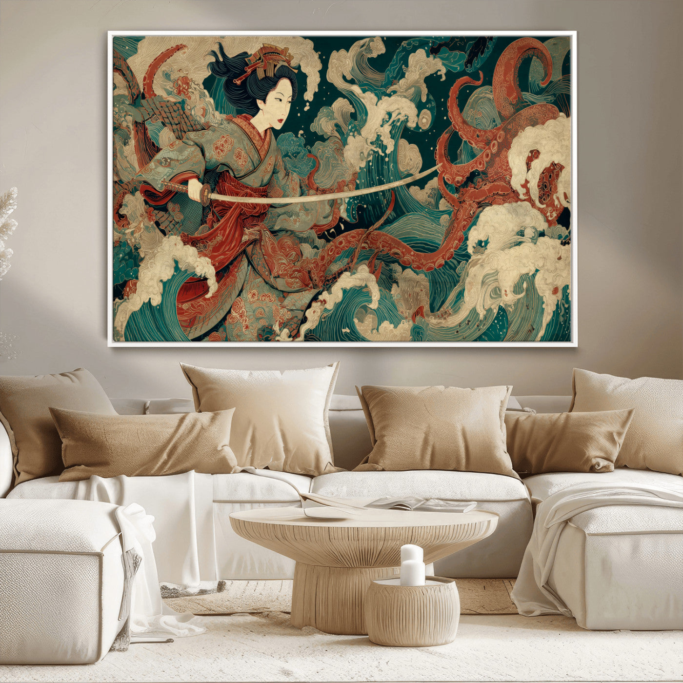 30212982-MGV-CV-36X24-Samurai Woman vs Octopus Wall Art – Japanese Ukiyo-e Style Warrior and Sea Monster Canvas Print, Mythology Inspired Artwork for