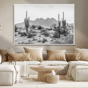 97436PHN-MGV-CV-36X24-Desert Landscape Wall Art – Black and White Cactus and Mountain Canvas Print, Southwestern Nature Photography for Living Room,