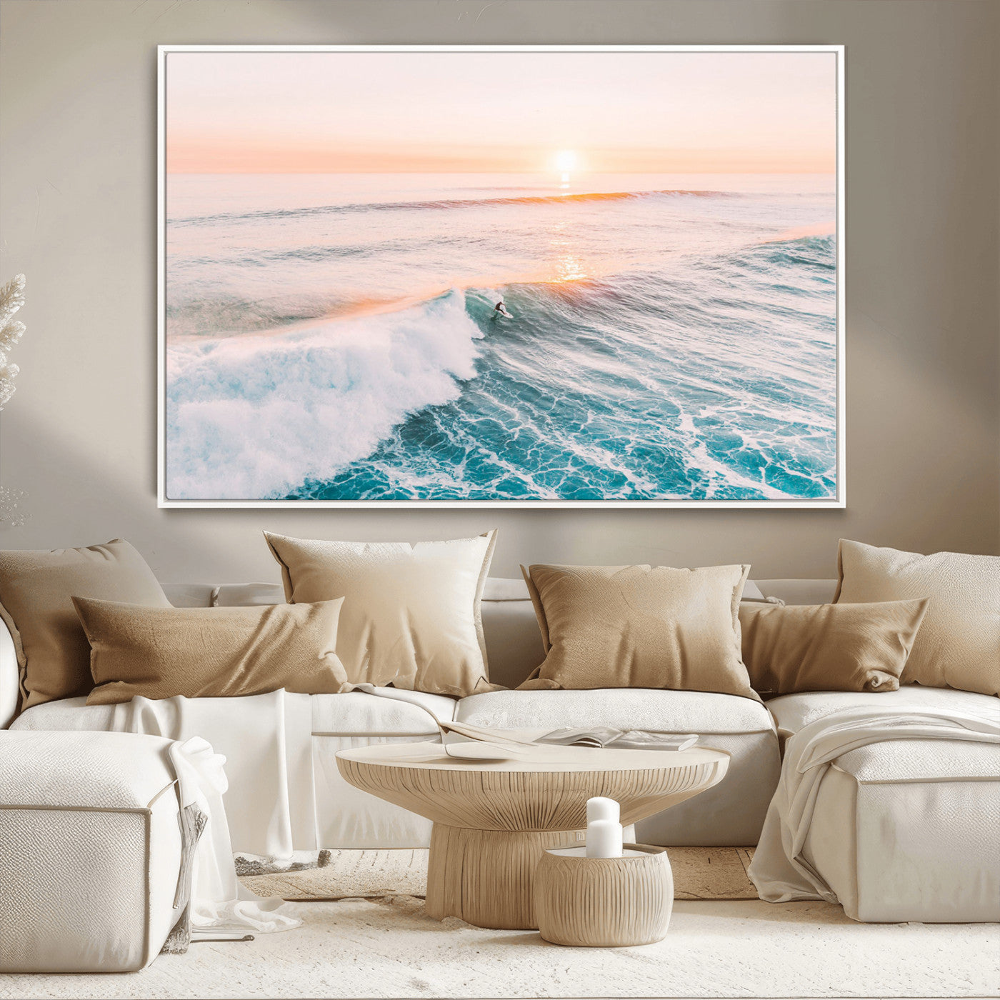 34064591-MGV-CV-36X24-Surfing Wall Art – Sunset Ocean Wave Canvas Print, Surfer Riding Sea Photography Decor for Bedroom, Living Room, Office, Coastal