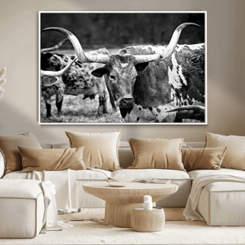 15425553-MGV-CV-36X24-Western Wall Art – Longhorn Cattle Black and White Canvas Print, Rustic Ranch Photography Decor for Bedroom, Living Room, Office,
