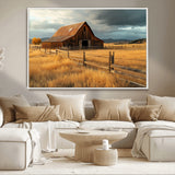 16480179-MGV-CV-36X24-Farmhouse Wall Art – Rustic Barn and Golden Field Canvas Print, Country Landscape Photography Decor for Bedroom, Living Room,