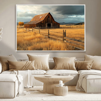 16480179-MGV-CV-36X24-Farmhouse Wall Art – Rustic Barn and Golden Field Canvas Print, Country Landscape Photography Decor for Bedroom, Living Room,