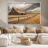 21991117-MGV-CV-36X24-Rustic Barn Wall Art – Weathered Farmhouse Canvas Print, Stormy Sky and Golden Field Photography Decor for Bedroom, Living Room,