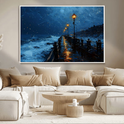 48300530-MGV-CV-36X24-Dark Stormy Pier Canvas Wall Art – Moody Ocean Night Scene with Street Lamps, Blue Coastal Seascape Print for Bedroom, Office, or
